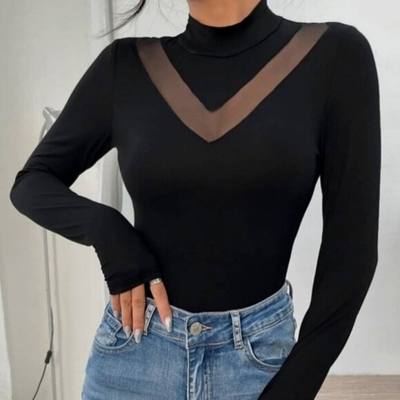 3/$20 SHEIN Mock Neck Fitted Top Sheer Inset Long Sleeve Sexy Black Plus Size 3X - Picture 1 of 9